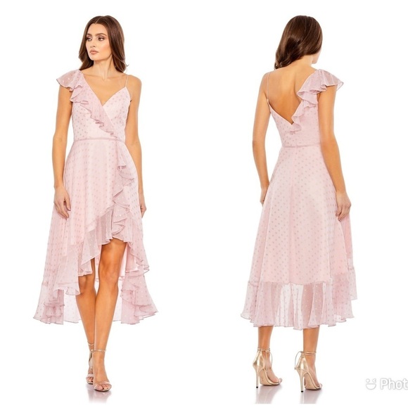 Mac Duggal Ruffle High‎ Low Polka Dot Midi Dress Pink Barbie Sleeveless Sz 16 - Picture 1 of 5